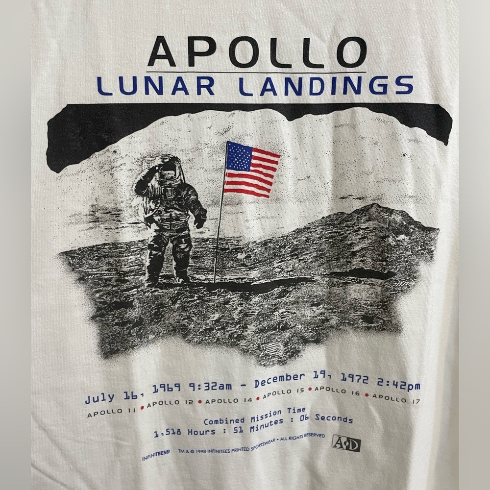 Vintage 98’ Apollo Luna Landings Combined Mission Time Heavy Cotton Sz L